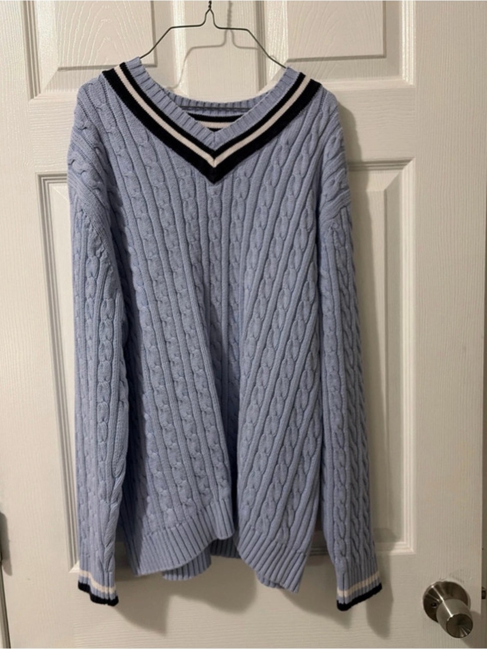 Lands' End Light Blue Cable-Knit V-Neck Sweater with Navy & White Trim